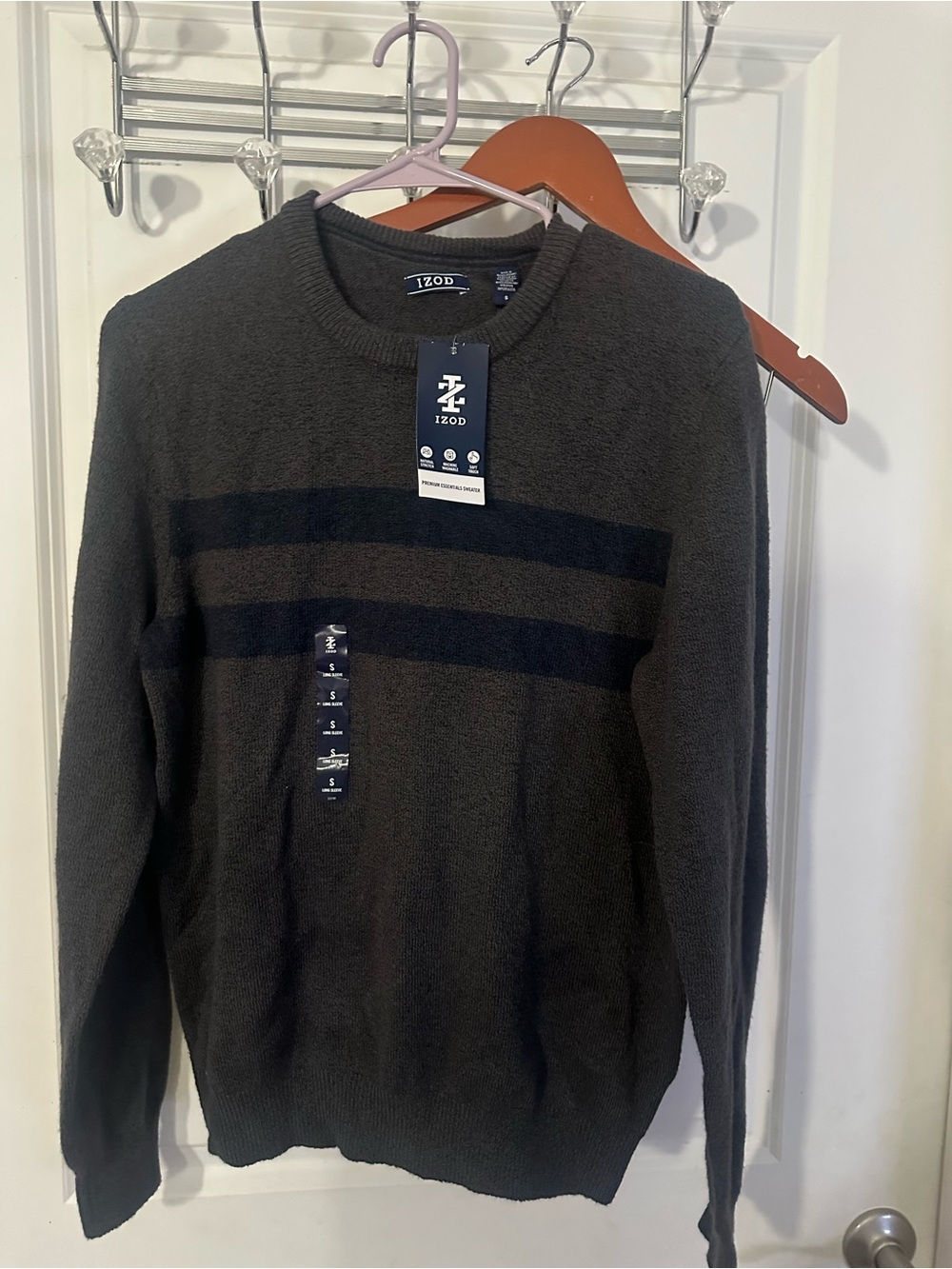 Izod Charcoal Gray Crewneck Sweater with Black Stripes
